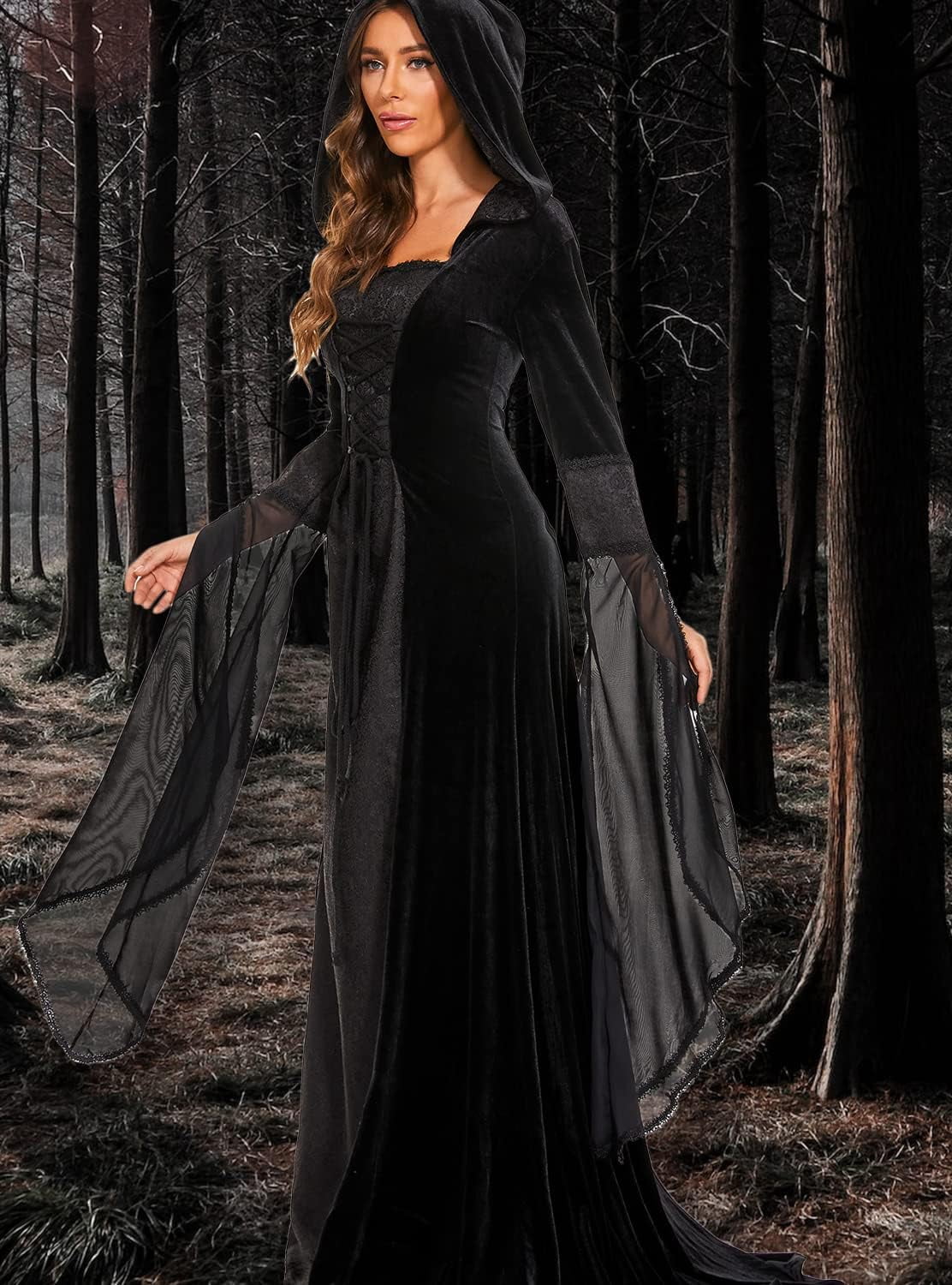 Halloween Witch Costume Women, Deluxe Witch Dress Costume, Vintage Embroidered Renaissance Gothic Hooded Vampire Gown Dress Cosplay Costumes Black M