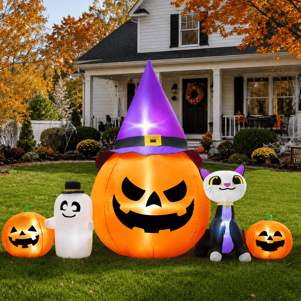 Yexmas 8ft Halloween Inflatable Pumpkins Outdoor Decor with Black Cat and Spectre,Built-in LED Lights,for Halloween Party,Yard,Garden,Lawn