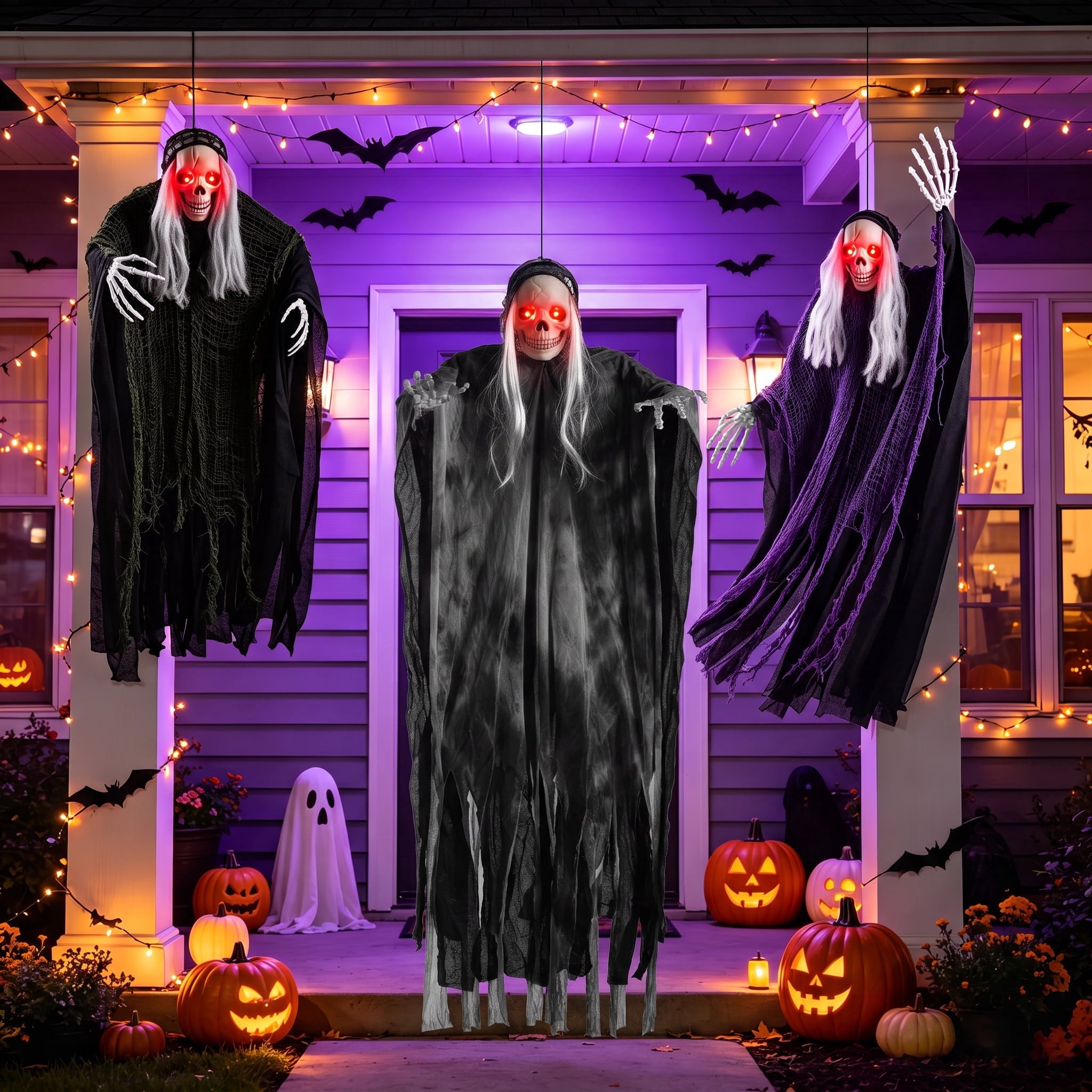 Ayieyill 3 Pack Hanging Skeleton Ghosts for Halloween Decorations Outdoor, Grim Reaper for Halloween Decor