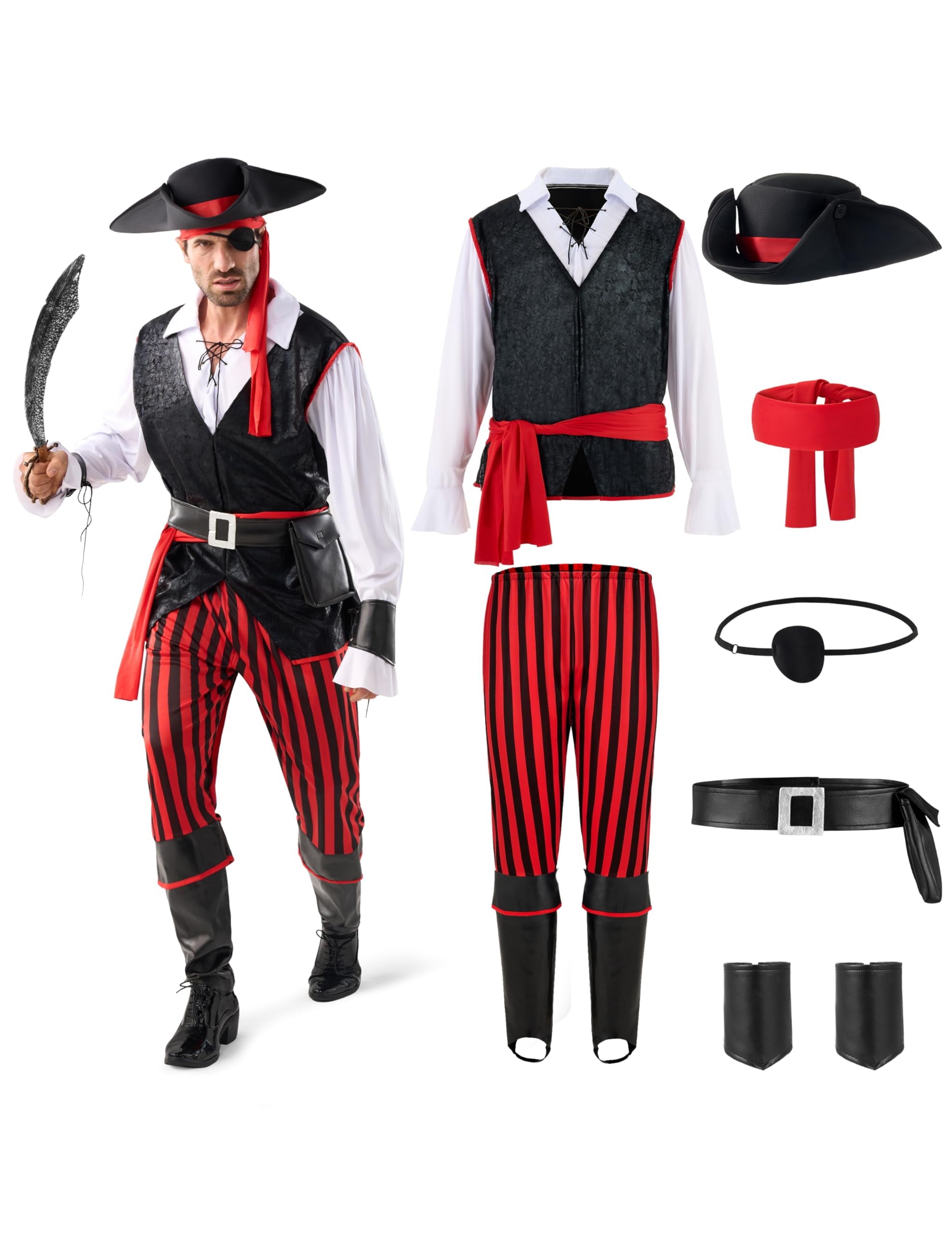 Joyfy Men Pirate Costume Set, Adult Halloween Costume Renaissance Medieval Viking Pirate Costume for Halloween Fancy Dress Up Party Cosplay