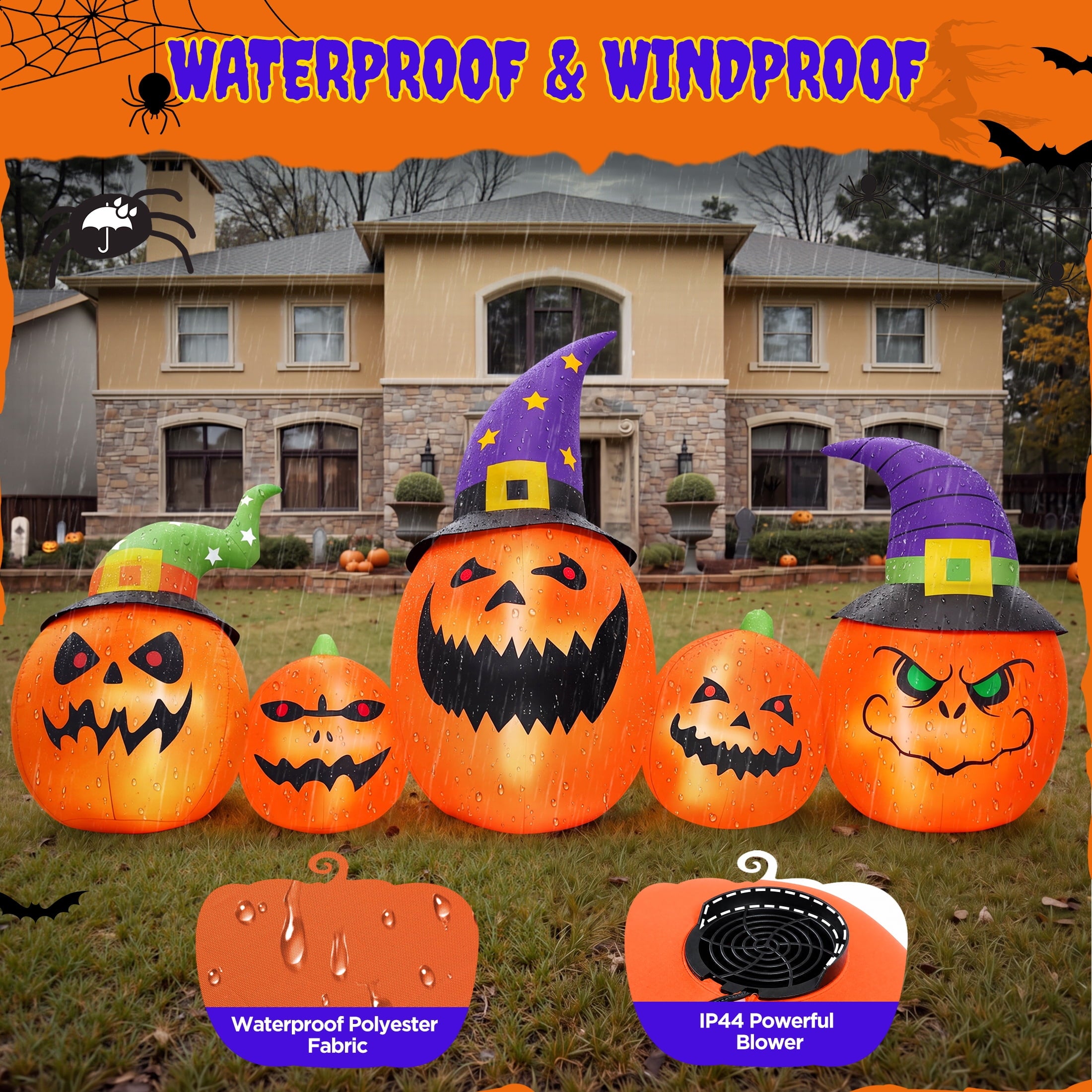 Firstness 8FT Halloween Inflatable Pumpkins Blow ups Outdoor Decorations, Five Pumpkins with LED Lights for Party Yard