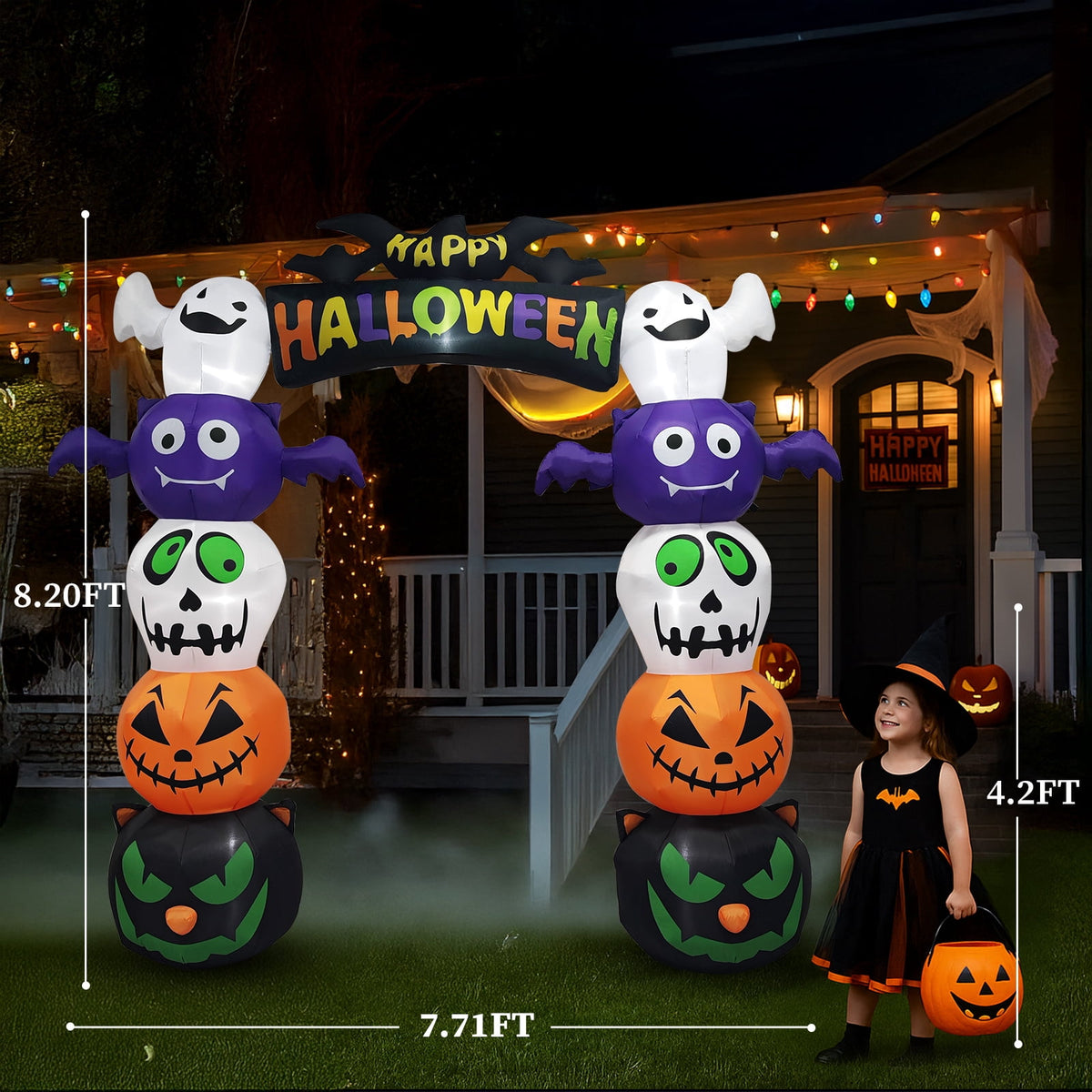 UBesGoo 8.2' Halloween Inflatables Pumpkin Ghost Archway , Blow up Hallowee Decorations with Built-in LED Lights for Holiday