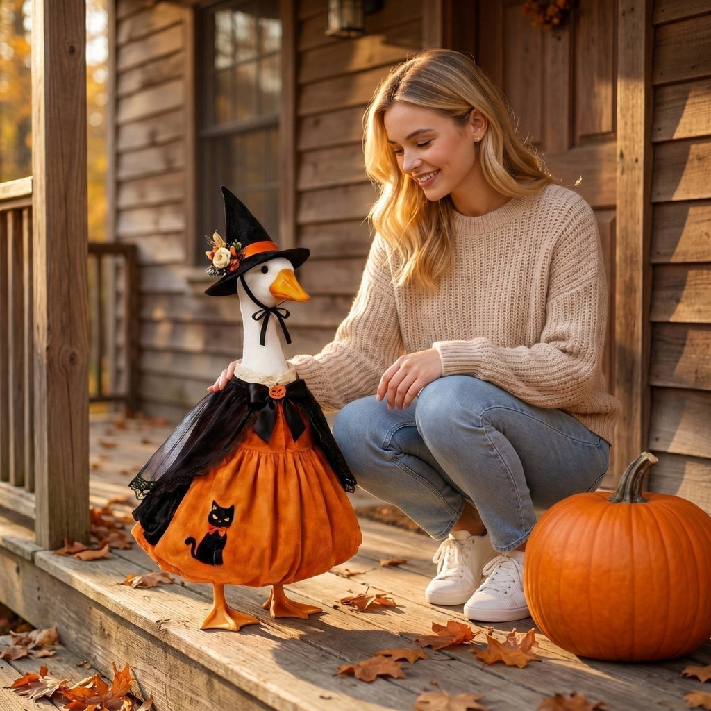 Bat Witch Hat Spiderweb Halloween Goose Clothes Fit 17/23In Cement Plastic Lawn Goose, Stylish Full Set for Outdoor Yard Patio Garden Seasonal Halloween Home Ornamental Arrangement