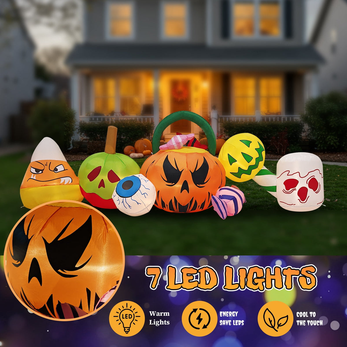 8FT Long Halloween Inflatables Pumpkins Eyeball Candy Outdoor Decorations, Blow Up Yard Decoration with Built-in LEDs Lighted for Lawn Garden Outside Indoor Decor