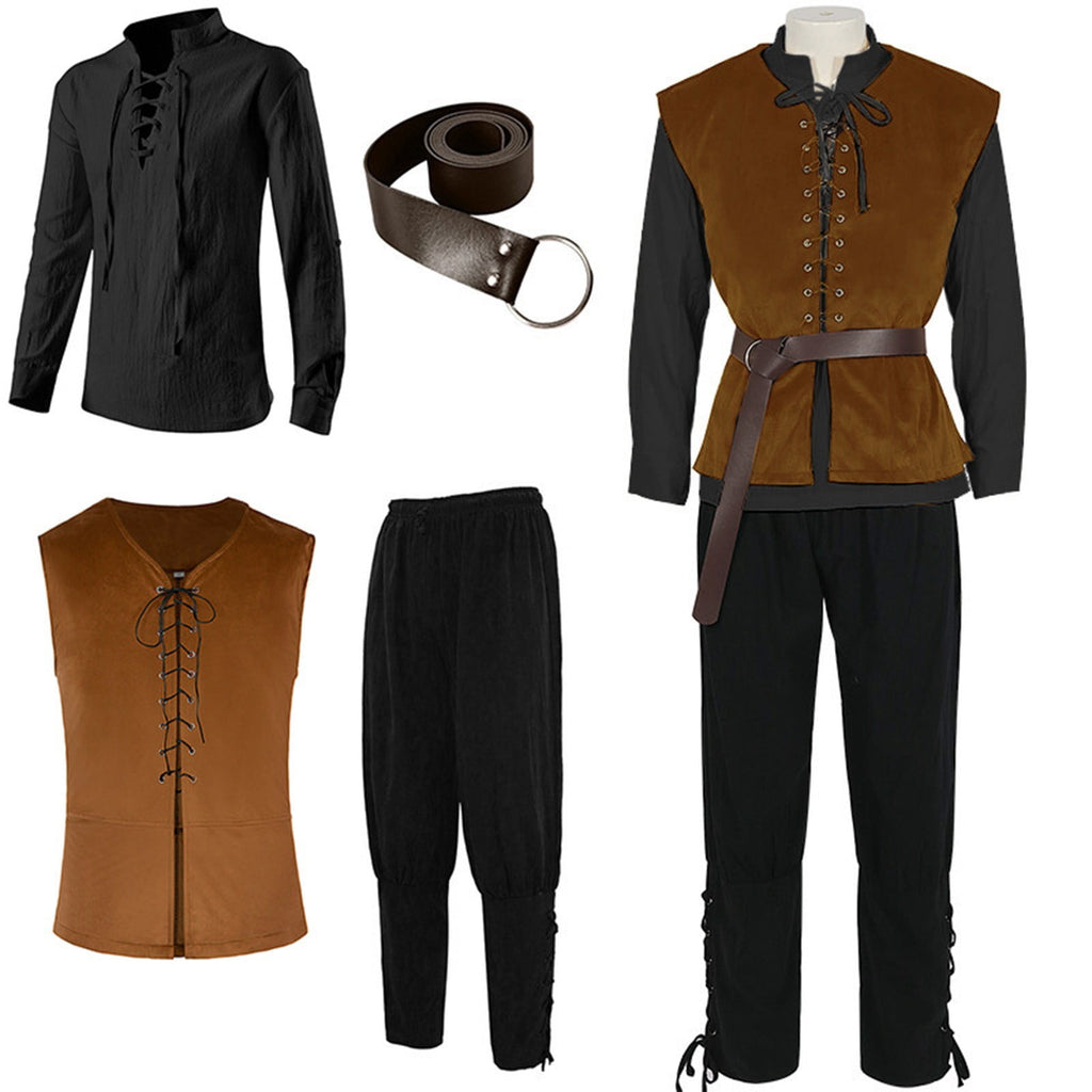 Ceisia Medieval Renaissance Outfit For Men Lace Up Waistcoat Long Sleeve Shirt Lace Trousers With Matching Belt Halloween Pirate Halloween Gift