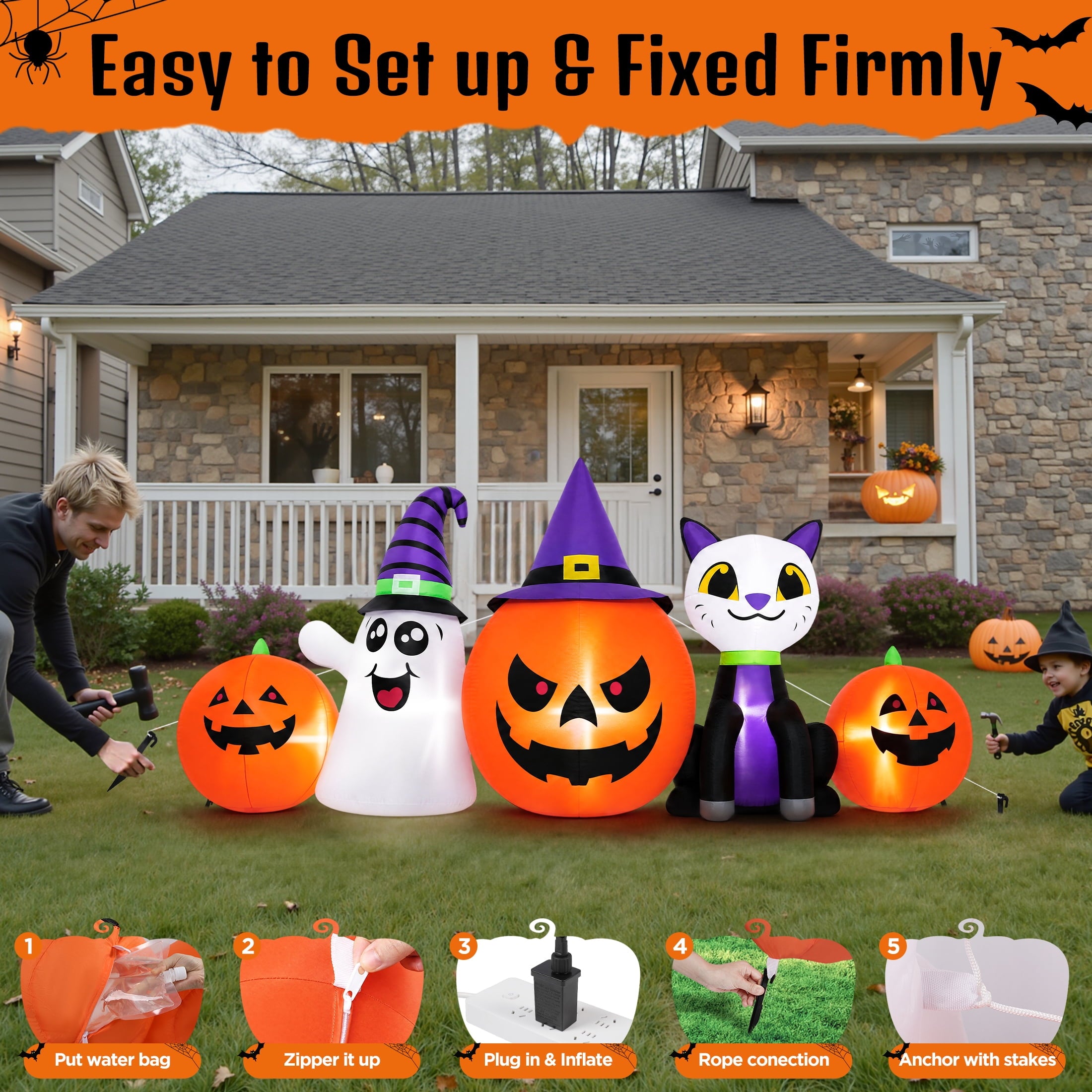 Firstness 8FT Halloween Inflatable Pumpkins Ghost Cat with Lights,Blow ups Outdoor Decorations for Yard
