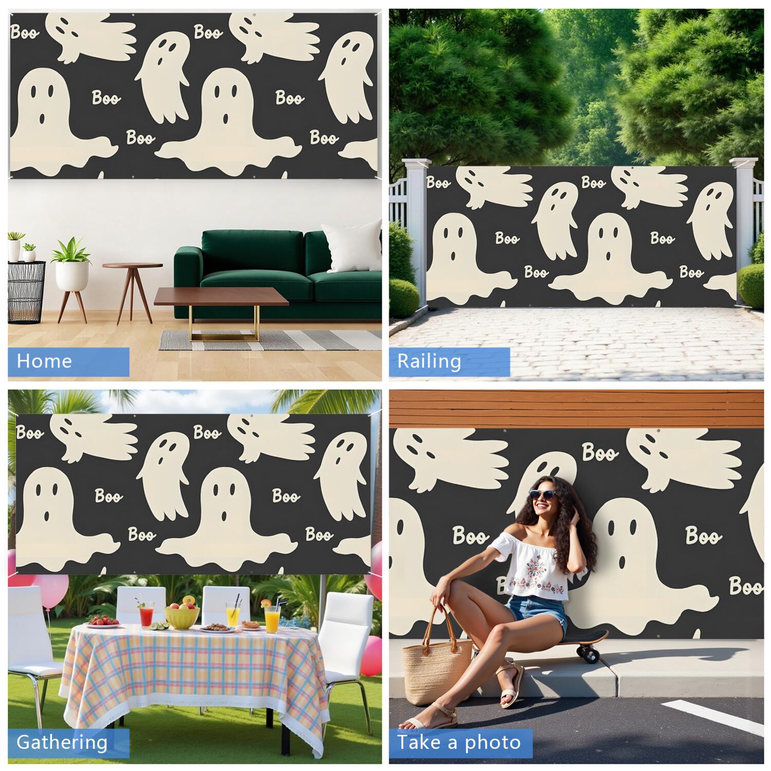 Halloween Garage Door Cover - 13x6ft Spooky Ghost Pumpkin Skull Witch Black Cat Polyester Backdrop for Outdoor Decor