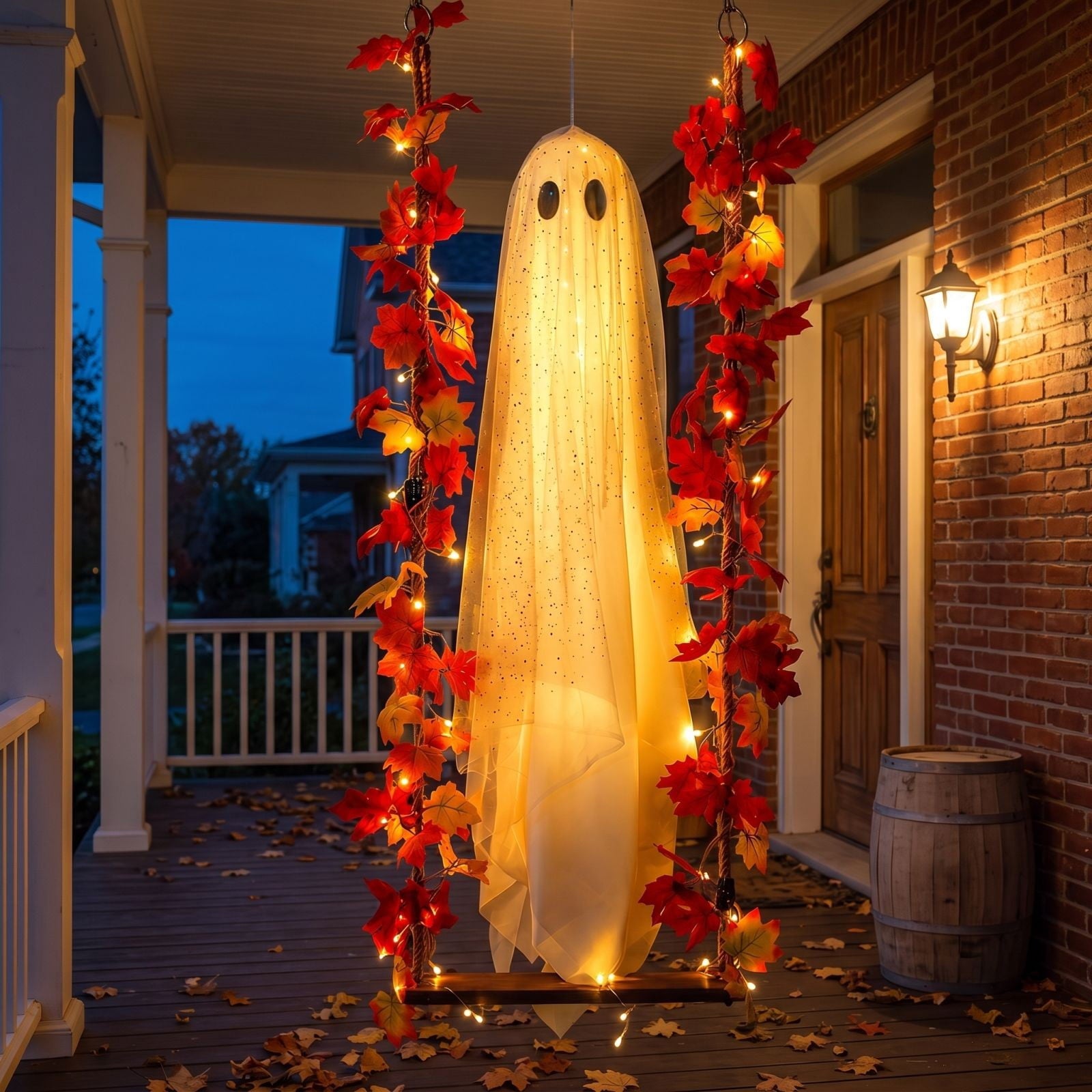 Clearance 5 FT Hanging Ghost Decor,Early Halloween Decorations Light-Up Flying Ghost on Broomstick with Witch Hat, Witch Broom, Spooky Cute Outdoor Halloween Decorations for Front Porch Yard Tree