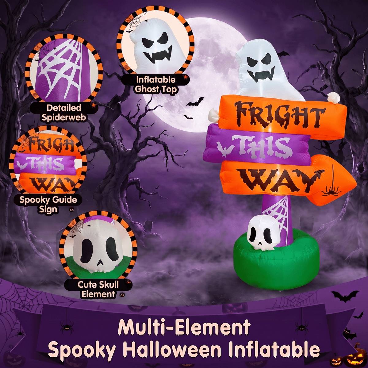 Glazina 7 FT Halloween Inflatable Ghost Signpost with Skull Spider, Built-In LED Lights, Outdoor Halloween Blow Up Yard Decoration