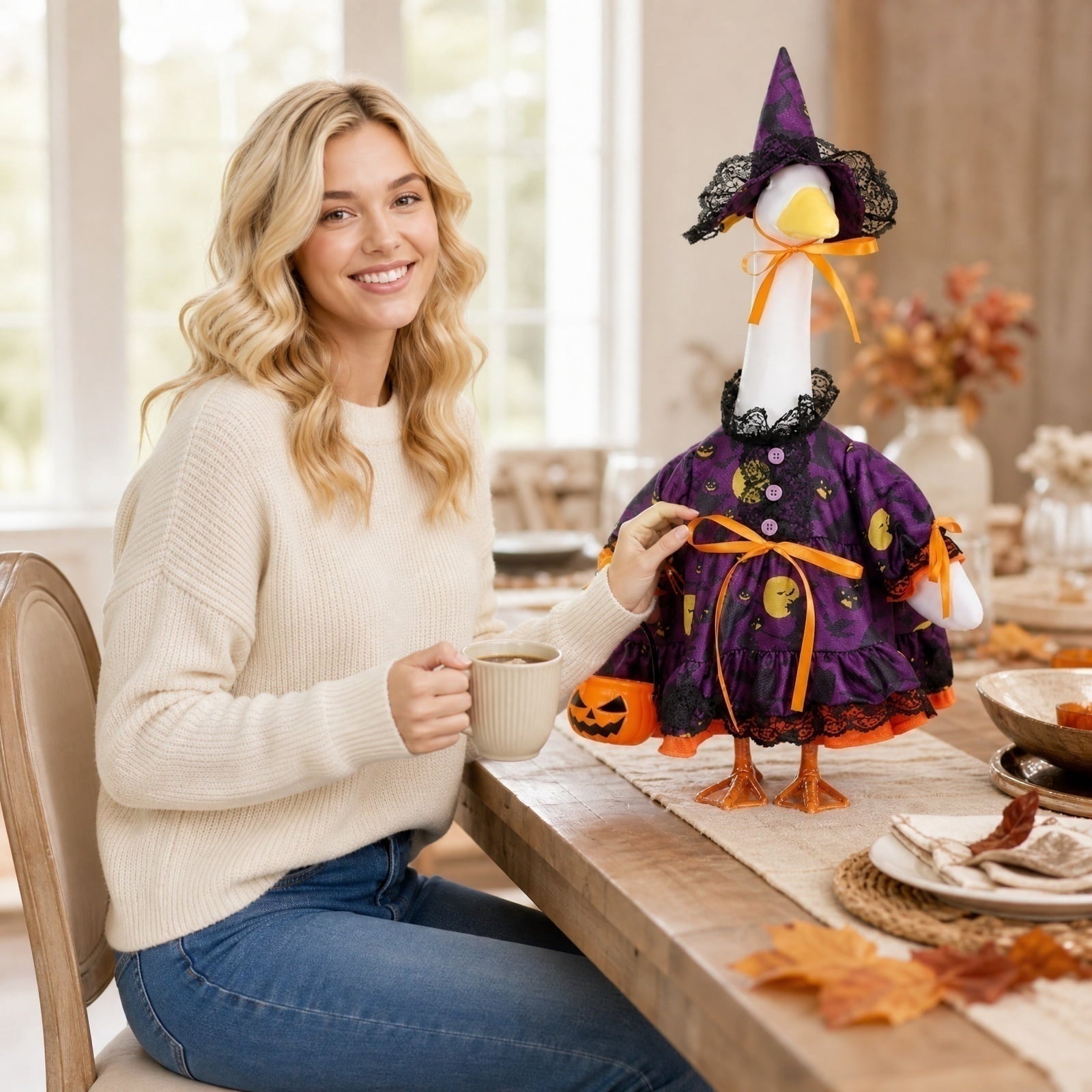 Bat Witch Hat Spiderweb Halloween Goose Clothes Fit 17/23In Cement Plastic Lawn Goose, Stylish Full Set for Outdoor Yard Patio Garden Seasonal Halloween Home Ornamental Arrangement