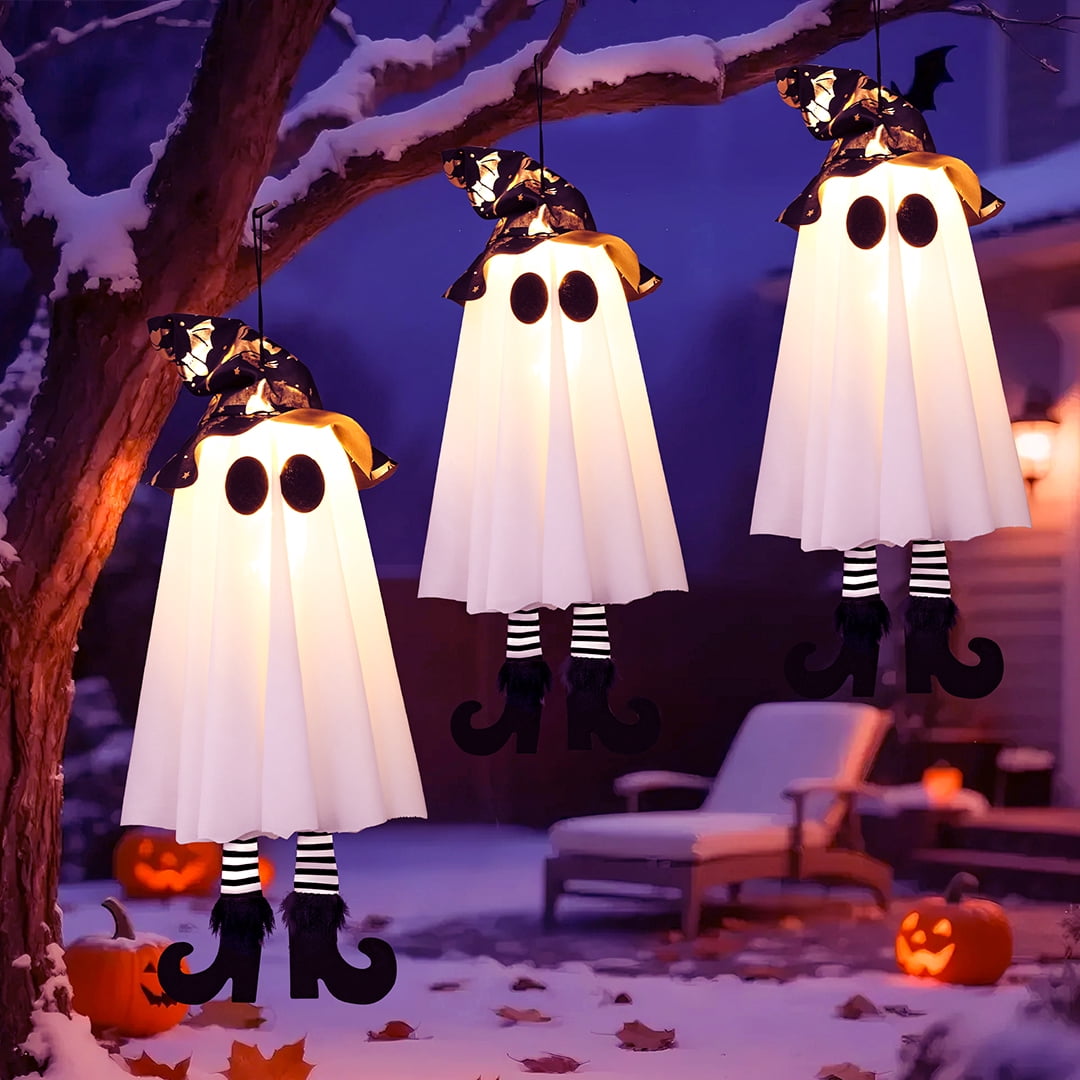 TETOU 18In Set of 3 Halloween Hanging Ghosts,Halloween Decorations Outdoor Hanging Ghosts with Witch Hat,Glowing Ghost Witch Hat Lights Halloween Ghost Decor for Yard Patio Garden Tree Outside