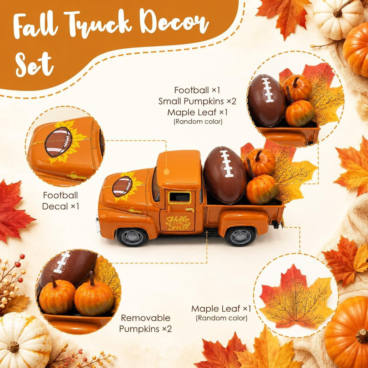 Molumo Fall Decorations for Home - Fall Vintage Truck with Pumpkins, Football and Maple Leaves - Thanksgiving Decoration for Table Centerpiece, Tiered Tray, Mantel and Harvest Home Indoor