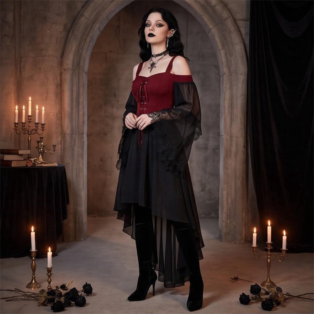 Witch Dress Women 2026 Halloween Costumes Woman Adults Medieval Vampire Butterfly Sleeve Mesh Gothic Outfits Red S