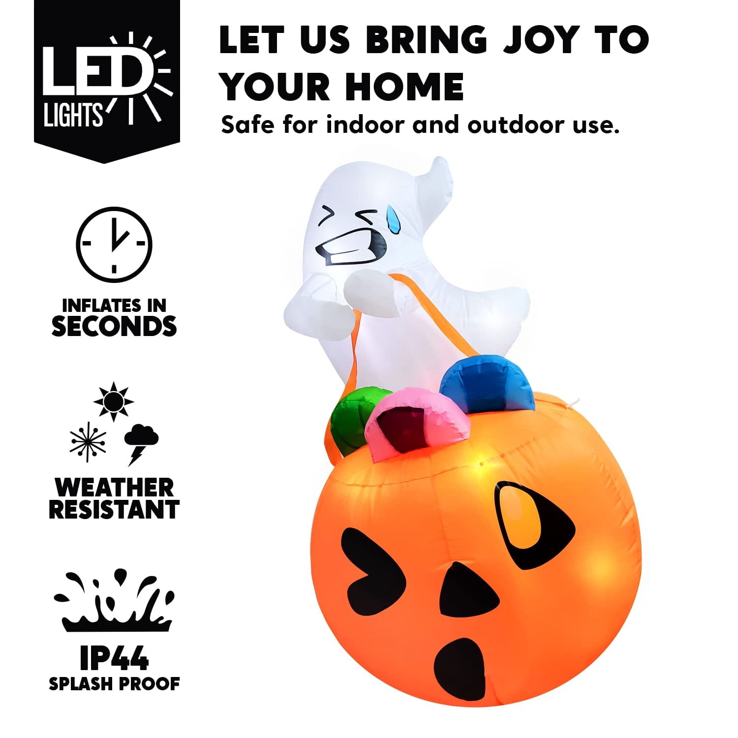 Joyfy 5ft Halloween Inflatables Light up Cute Ghost,Blow Up Ghost Lift Pumpkin Candy Bag with Build-in LEDs for Yard Decorations