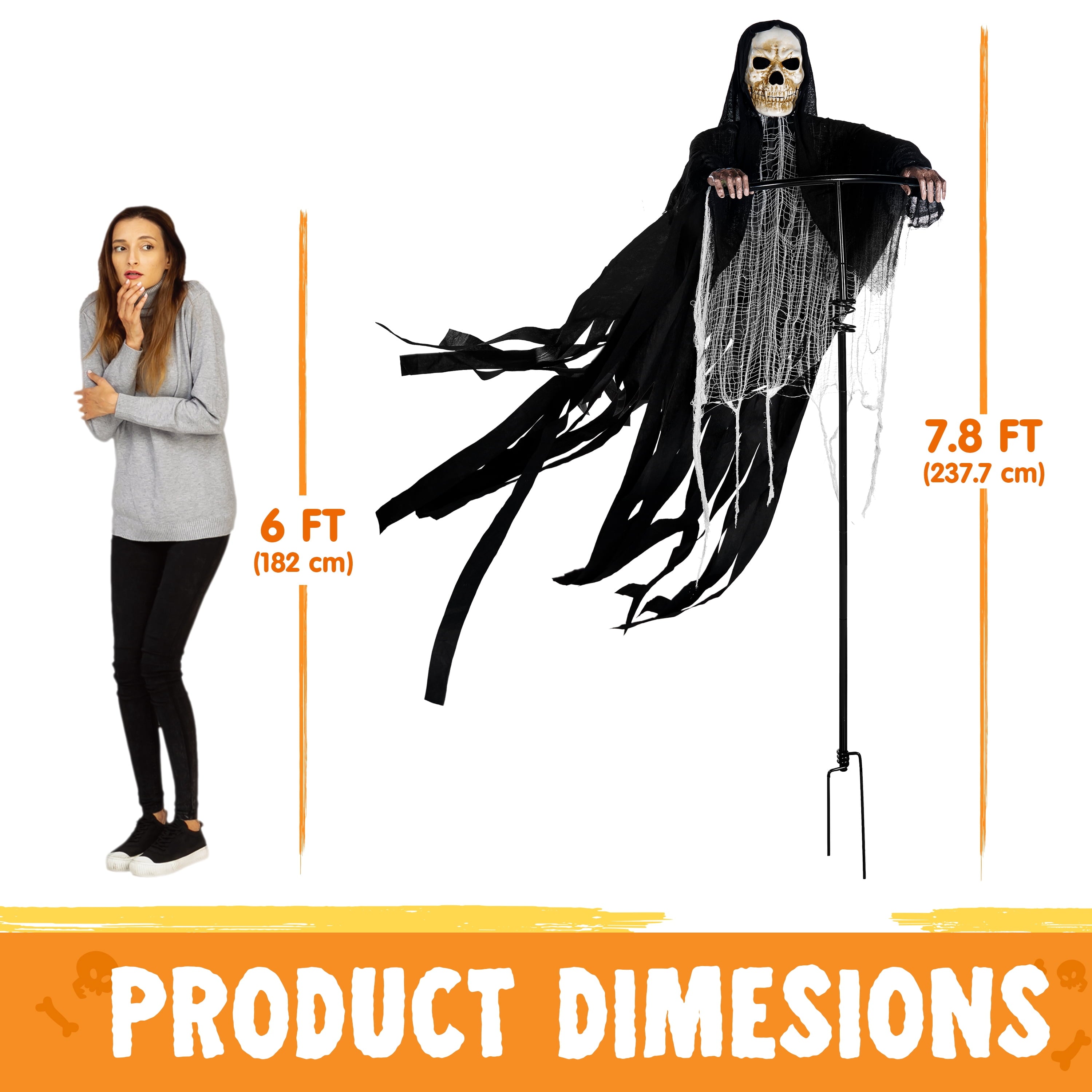 Joyfy 67" Standing Grim Reaper with Chain, Large Halloween Decorations Outdoor, Life Size Animatronics Skelton, Sound-Actived Party Decor with Creepy Sound & LED Eyes, Scary Haunted House Props
