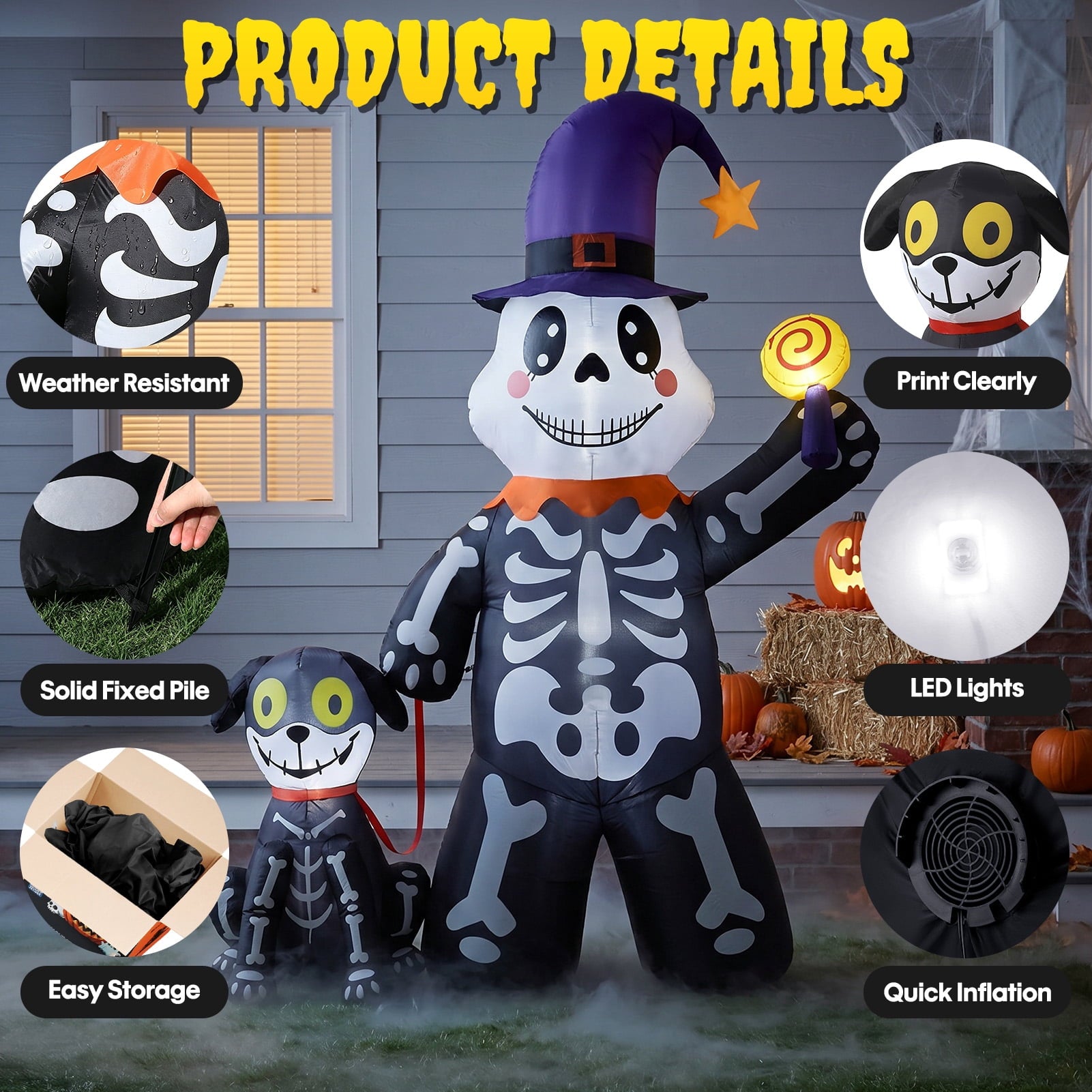 Ayieyill 3.6FT Halloween Inflatable Outdoor Decorations - Trunk or Treat Car Decorations - Halloween Blow Ups Animated Skeleton Dinosaur with LEDs for Halloween Outdoor Yard Decorations