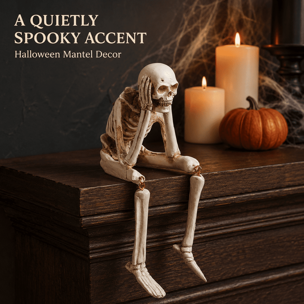 Halloween Decor Skeleton Statue Figurines Skull Decor See No Evil Hear No Evil Speak No Resin Skeleton Shelf Sitters Sitting Figurines for Home Kitchen Party Decor Table Ledge Edge Decorative (C)