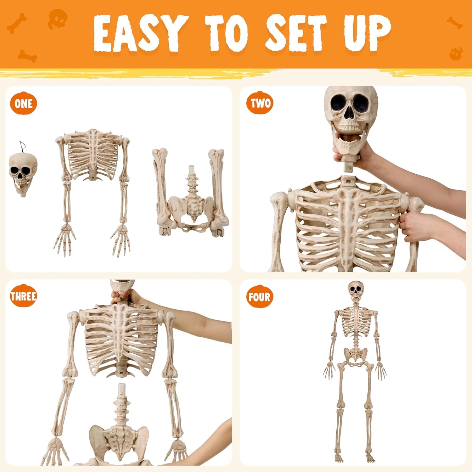 Joyfy 24 Inch Halloween Skeleton Decor with LED Light Eyes,Posable Skeleton Halloween Prop Full Body with Movable Joints for Haunted House Indoor Outdoor Decoration Spooky Decor