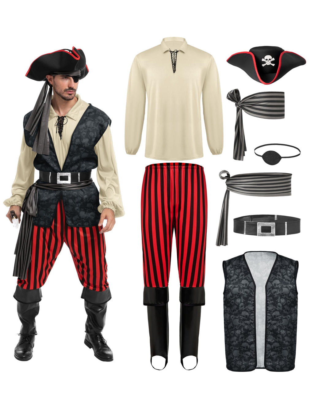 Joyfy Men Pirate Costume Plundering Sea Captain Set for Adults Halloween Themed Parties