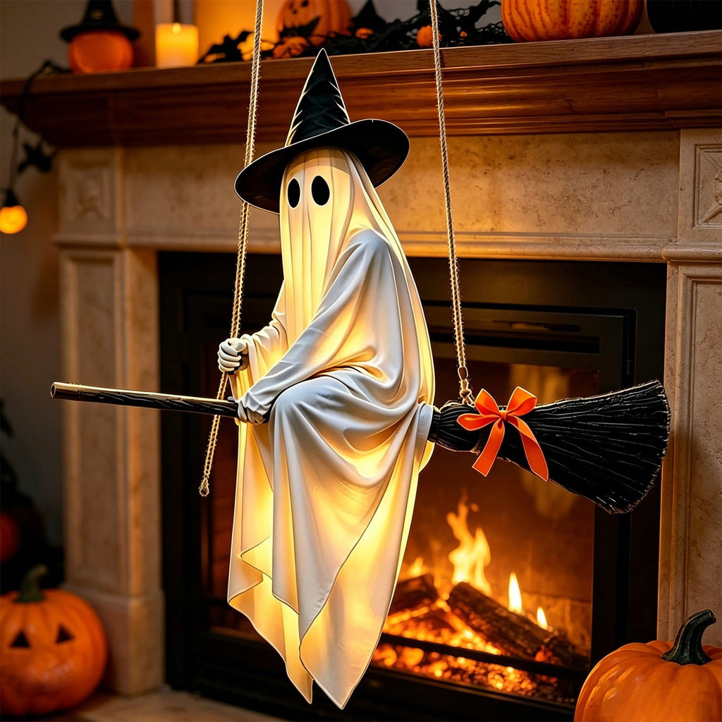 Outdoor Halloween Decorations Large Hanging Ghost and Witch Broom with Lights, Spooky and Cute Ghost Decor for the Front Porch, Yard