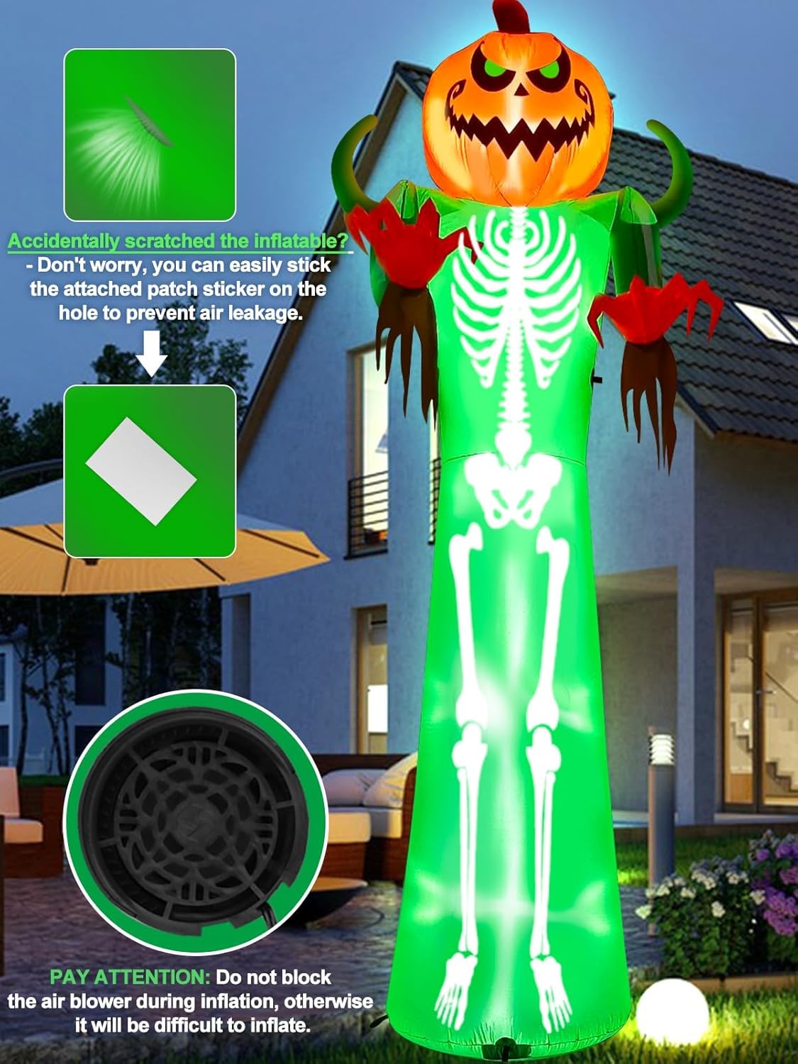 Kalolary 12FT Halloween Inflatable with LED Lights – Giant Pumpkin & Skeleton Outdoor Decoration for Yard, Lawn, Home, & Party – Scary Blow-Up Halloween Holiday Decor