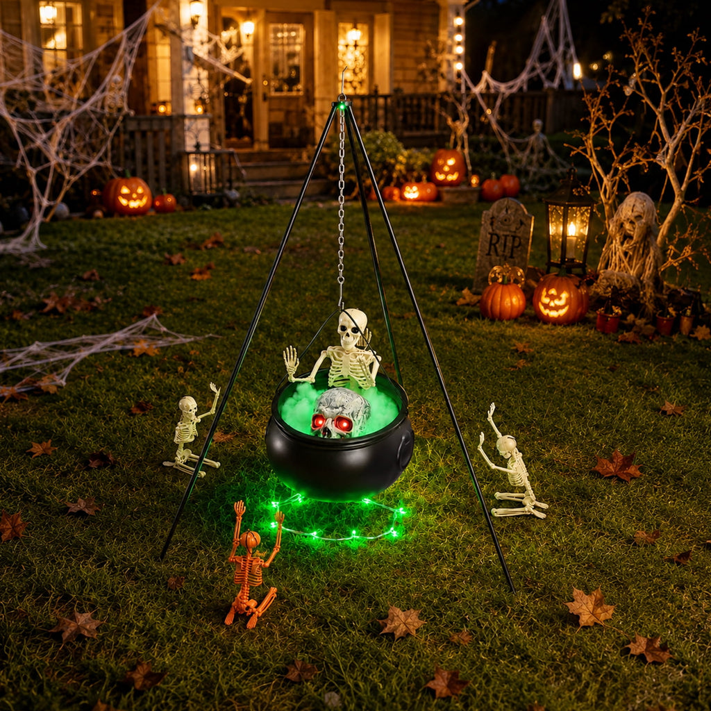 Halloween Decorations Bundle - 78cm/30.7" Witches Cauldron on 54" Tripod with Green LED Lights, 3pcs 40cm Skeleton, 60cm Skeleton, Skull Ornament, 4 Hooks - Indoor Outdoor Yard Porch Party Supplies