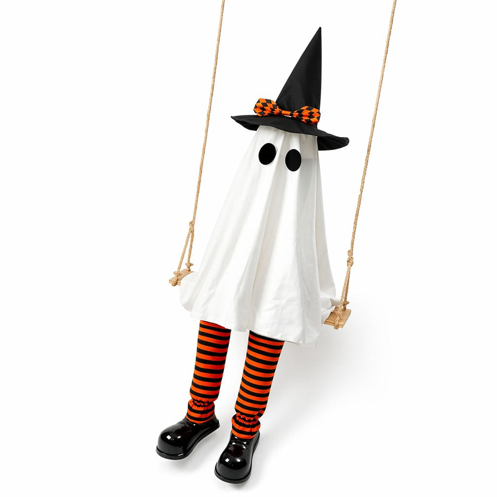 Clearance 5 FT Hanging Ghost Decor,Early Halloween Decorations Light-Up Flying Ghost on Broomstick with Witch Hat, Witch Broom, Spooky Cute Outdoor Halloween Decorations for Front Porch Yard Tree