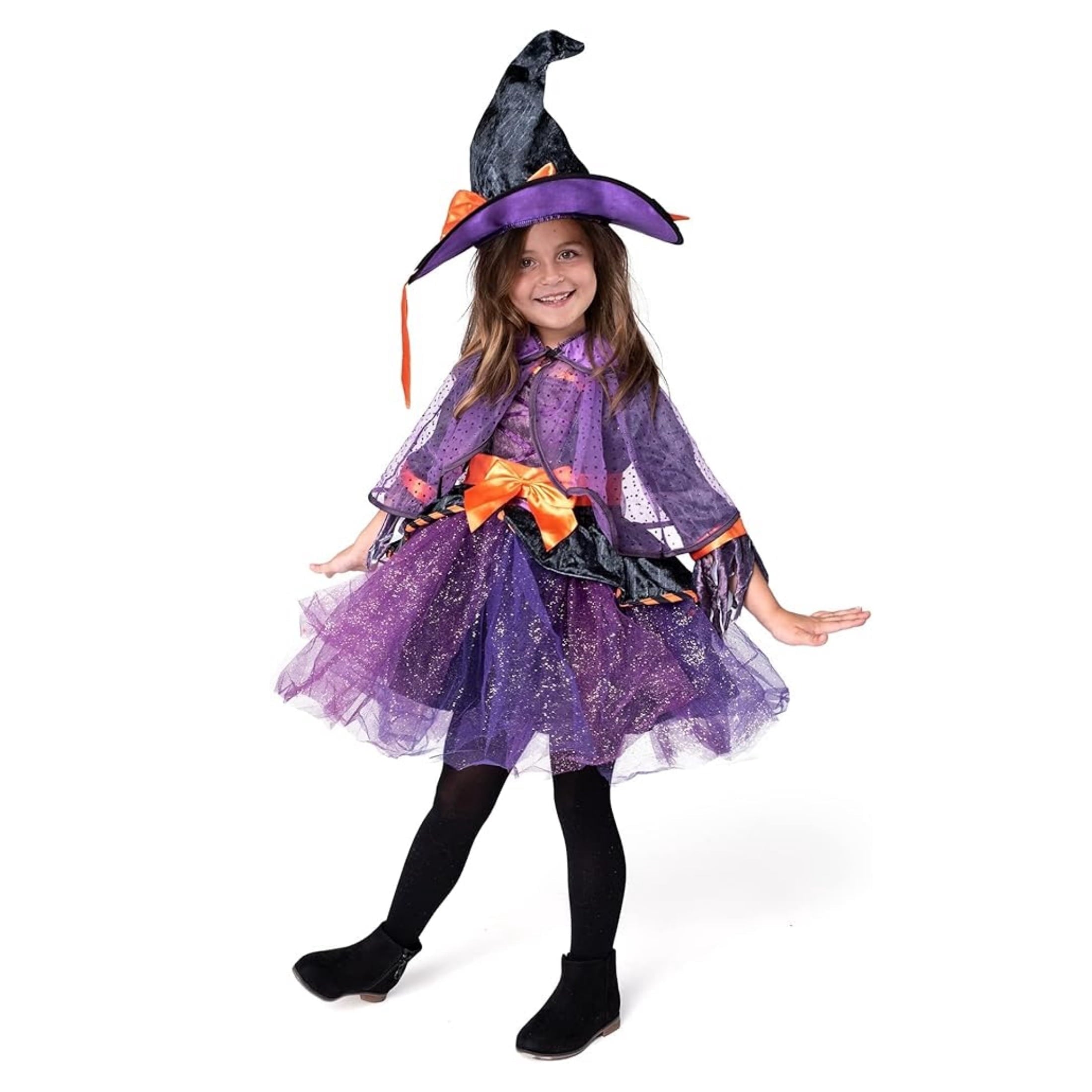 Joyfy Witch Costume for Girls, Purple Witch Dress with Broom Hat for Kids and Toddlers Halloween Dress up Parties