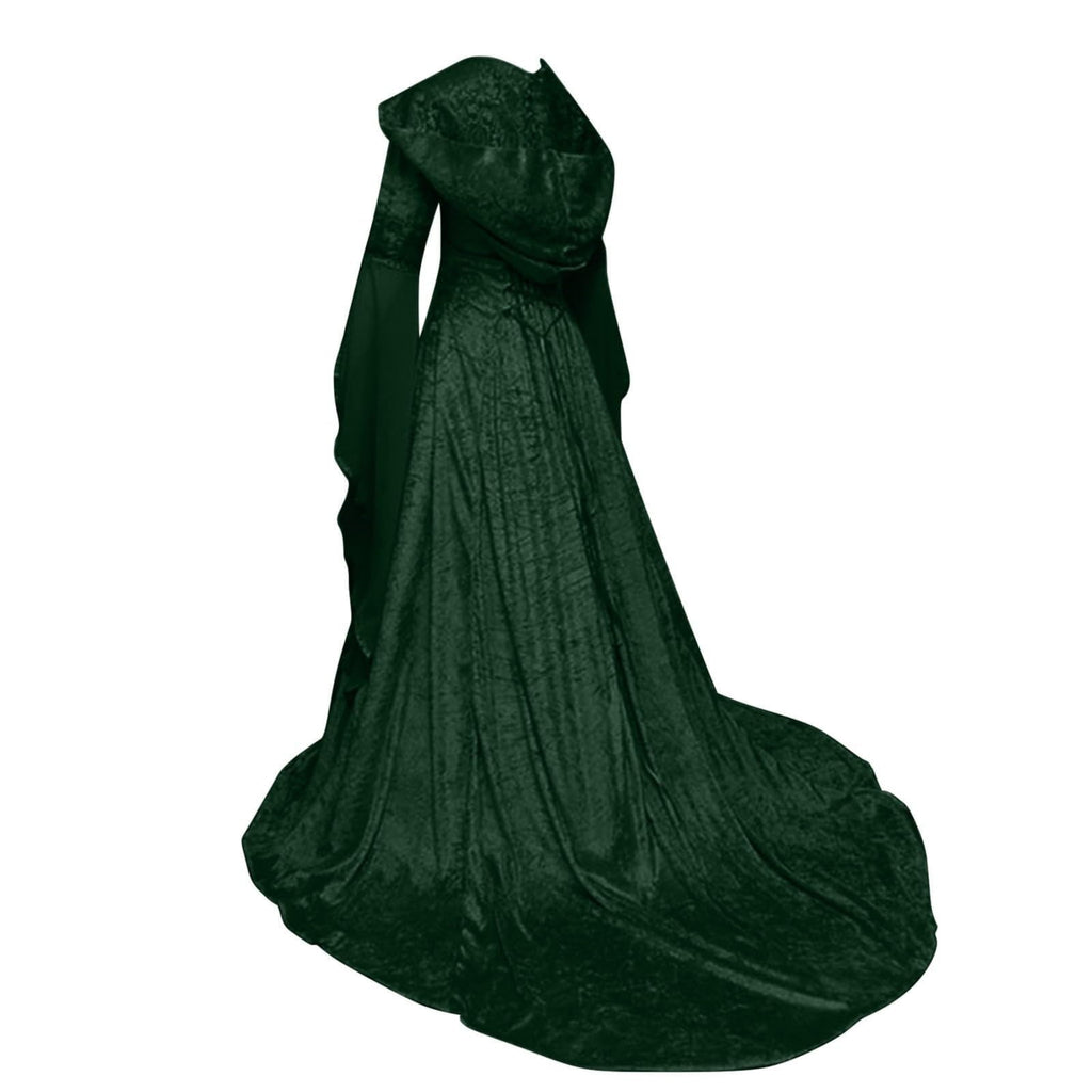 Women Gothic Cold Shoulder Midi Dress, Sheer Flare Bell Sleeve Front Corset Irregular Witch Costume Dress, Adult Halloween Dark Aesthetic Vintage Formal Evening Cosplay Party Outfit(Navy-2/M)