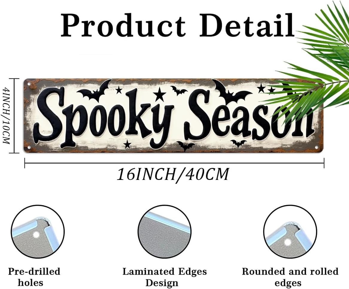 Spooky Season Metal Tin Sign Vintage Halloween Wall Decor 4x16 Inch Farmhouse Style Decorative Plaque for Living Room Entryway and Party