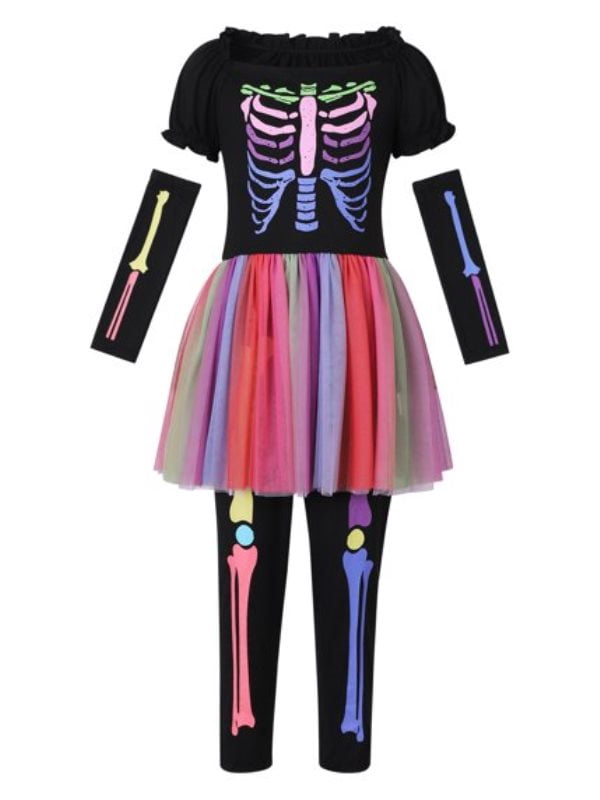 Little Girls Holiday Outfits Short Sleeve Tutu Skirt + Leggings + Arm Sleeves Set, Size 4-8 Years