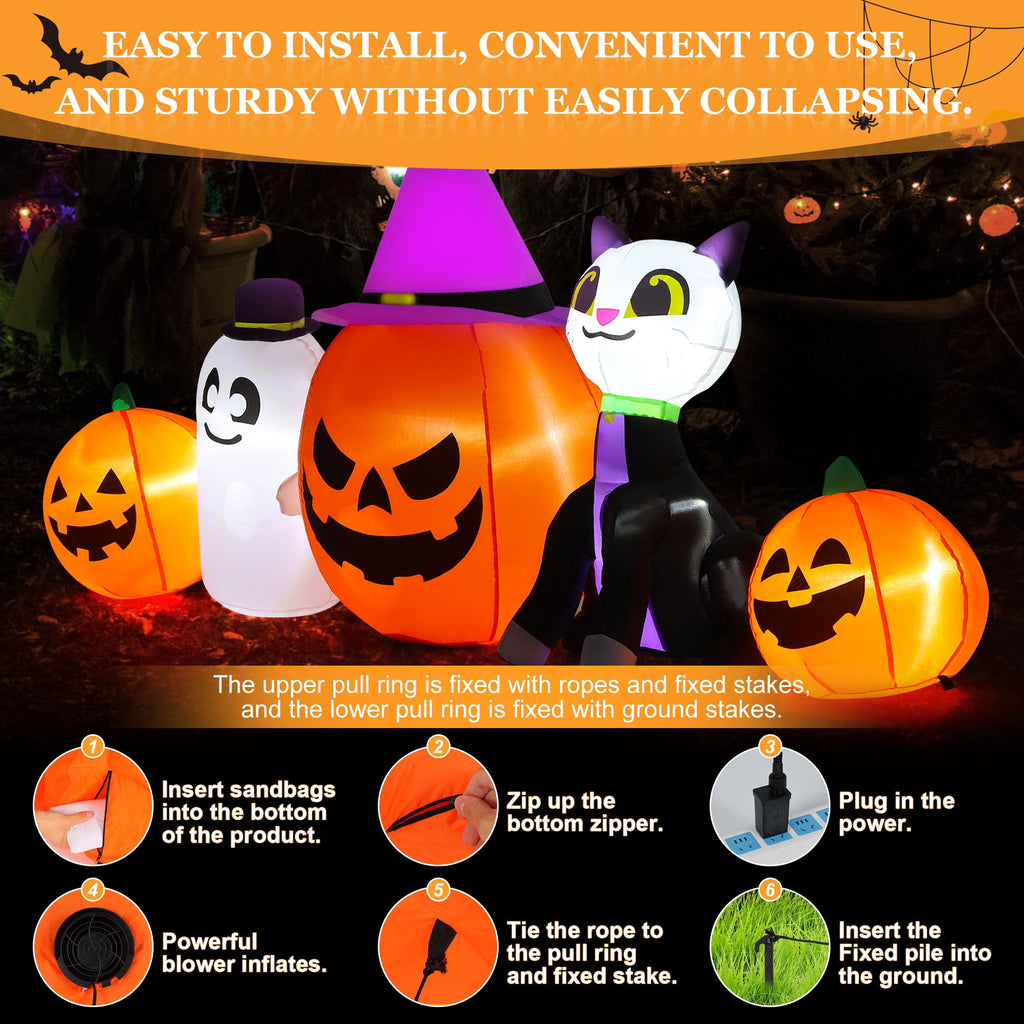 Yexmas 8ft Halloween Inflatable Pumpkins Outdoor Decor with Black Cat and Spectre,Built-in LED Lights,for Halloween Party,Yard,Garden,Lawn