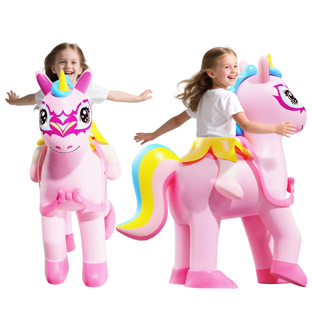Wonderstone Kids Inflatable Costume, Riding-on Unicorns Blow-up Costume with LED Lights, Funny Halloween and Thanksgiving Party Costume for Girls Aged 6–10