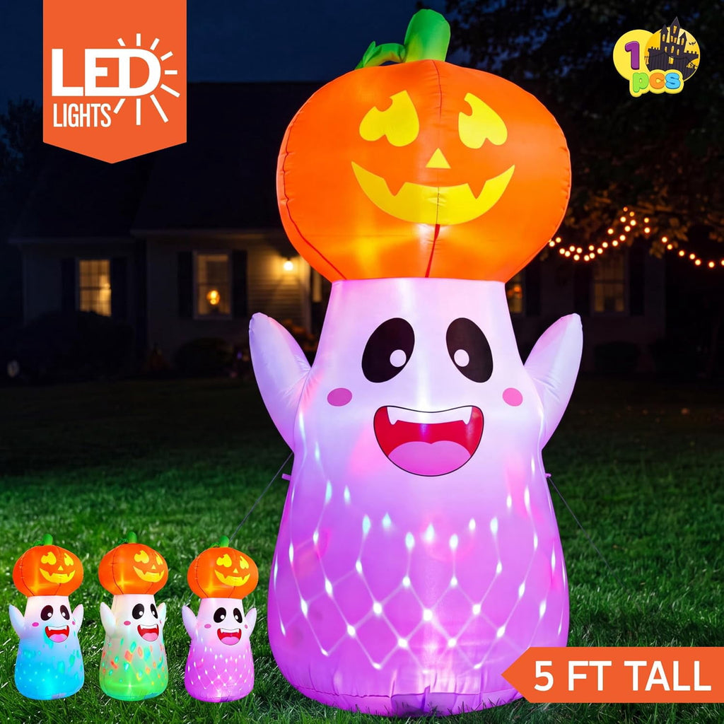 Joyfy 5Ft Halloween Inflatable Pumpkin Ghost with Colorful LED Lights,Halloween Blow Up Cute Decor for Indoor Outdoor Holiday Yard Decoration