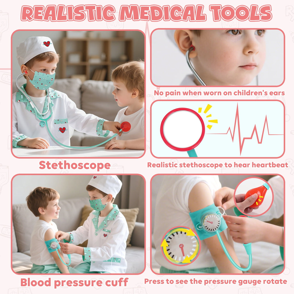 Doctor Costume Set for Kids, Pretend Play Doctor Dress up Clothes with Medical Accessories, Kids Doctor Costume Set Toy for Age 3 4 5 6 Boys Girls - Pink(110cm*3.6in)