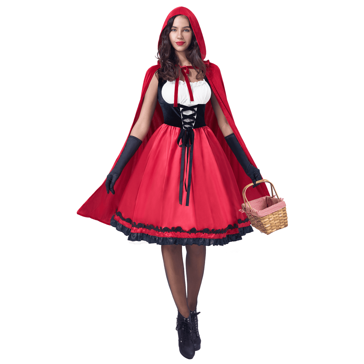 Joyfy Women Little Red Riding Hooded Costume with Dress, Cape and Gloves, Adult Women Halloween Costume for Halloween Party Cosplay