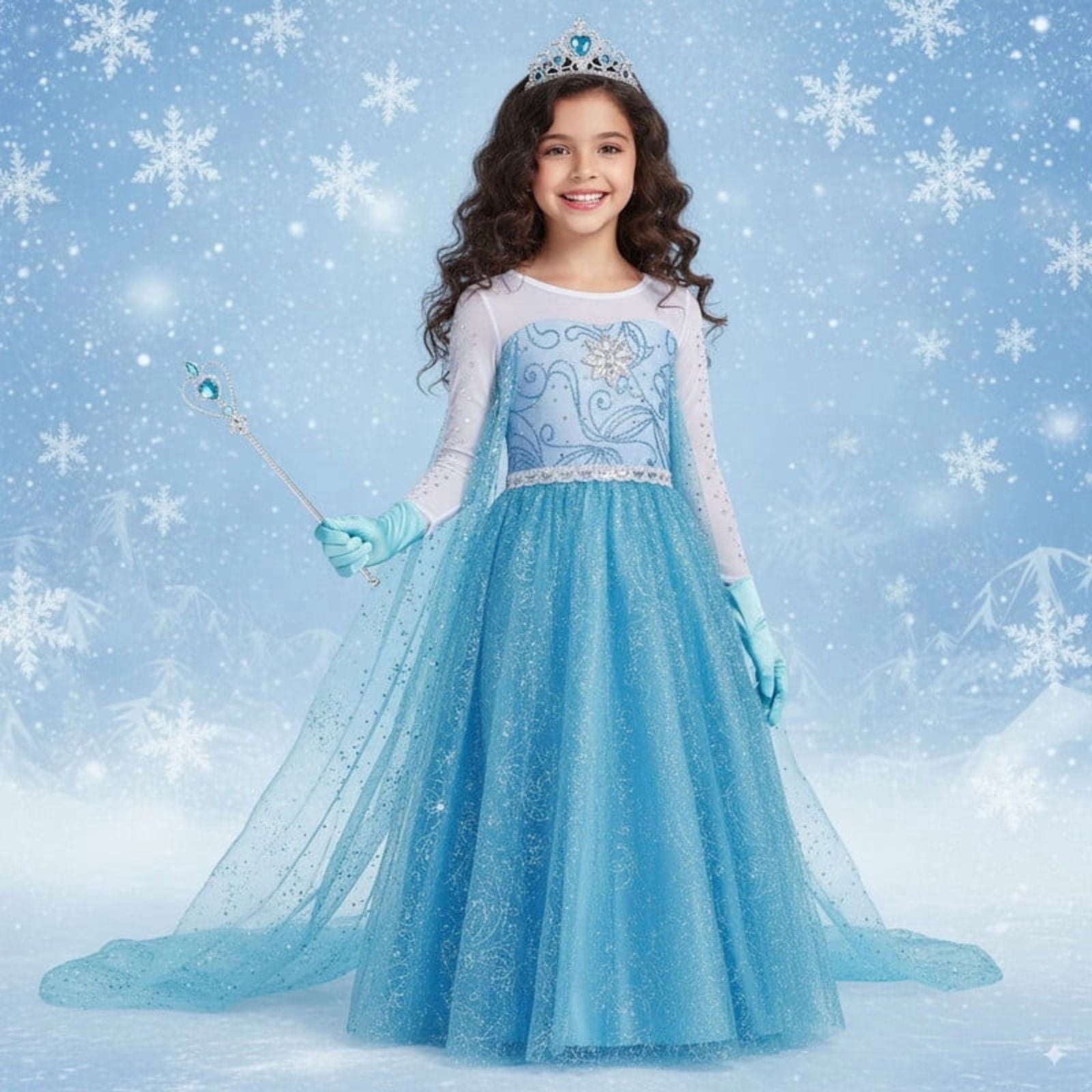 Jurebecia Princess Dress for Girls Birthday Party Blue Costume up Toddlers Kids Christmas Halloween Cosplay Clothes with Accessories 6T(5-6Years)