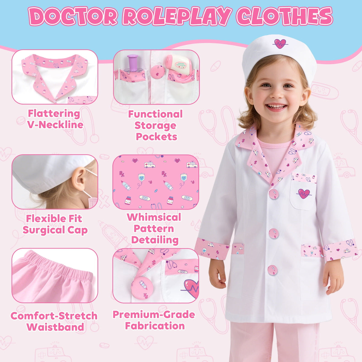 Doctor Costume for Kids Doctor Coat, Doctor Dress Up and Play Set 8 PCS with Real Stethoscope, Lab Coat Career Day Costume Kit for Toddlers Girls 3-12 - Pink