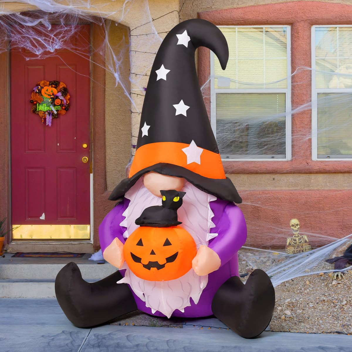 GOOSH Halloween Inflatables 5 FT Tall Inflatable Gnome Holding Pumpkin Black Cat with LEDs, Halloween Gnome Inflatables Blow up Gnome, Outdoor Halloween Decorations for Halloween Holiday Party
