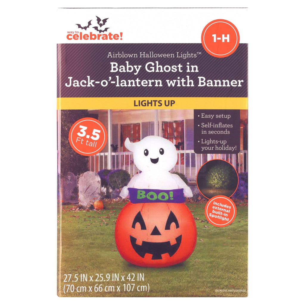 Baby Ghost in Jack-o'-Lantern with Banner Airblown Yard Inflatable, Multicolor, 3.5', Halloween by Way To Celebrate