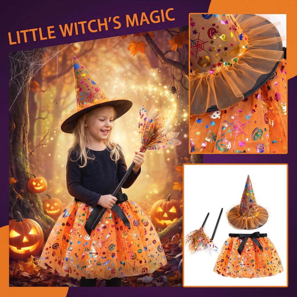choiix Witch Tutu Skirt and Hat Set with Broomstick Halloween Costume Outfit with Printed Tulle Skirt and Witch Hat Cosplay Outfit for Party 100