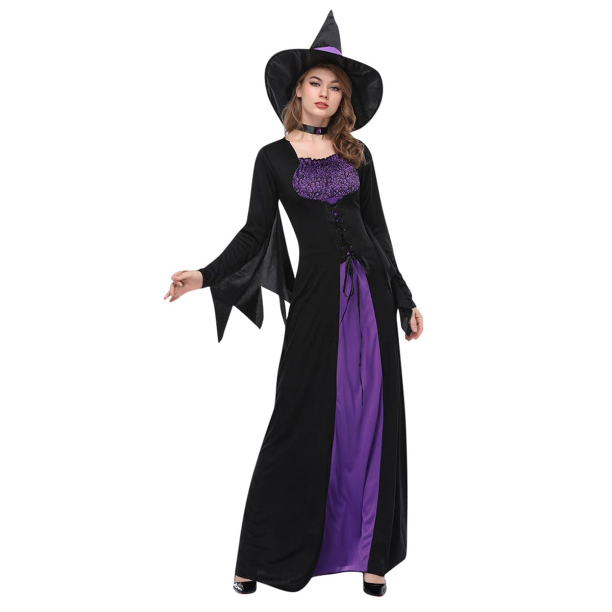 Halloween Witch Costume Women, Classic Retro Witch Costumes for Women Halloween Fancy Dress Witch Dress Purple L