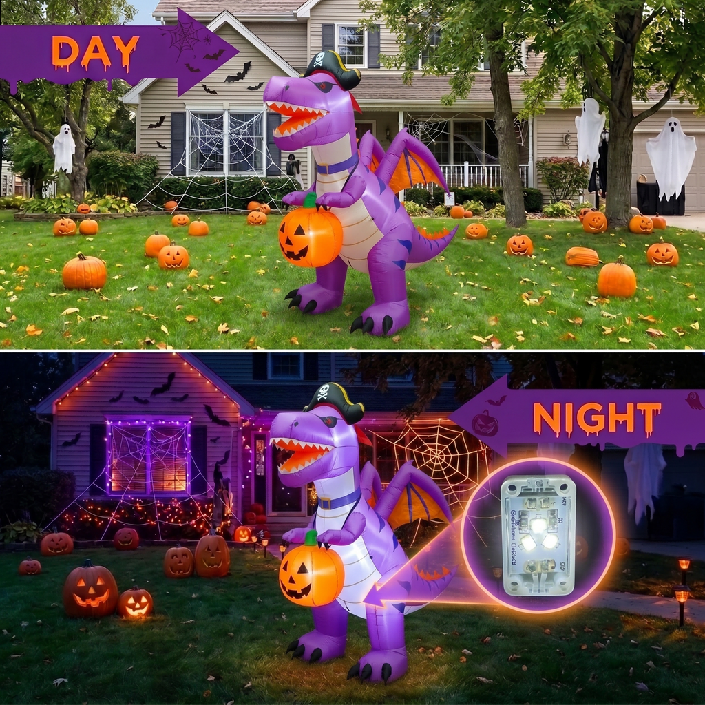 Glazina 8.2 FT Halloween Inflatable Purple Pirate Dinosaur with Pumpkin, Built-In LED Lights, Outdoor Halloween Blow Up Yard Decoration