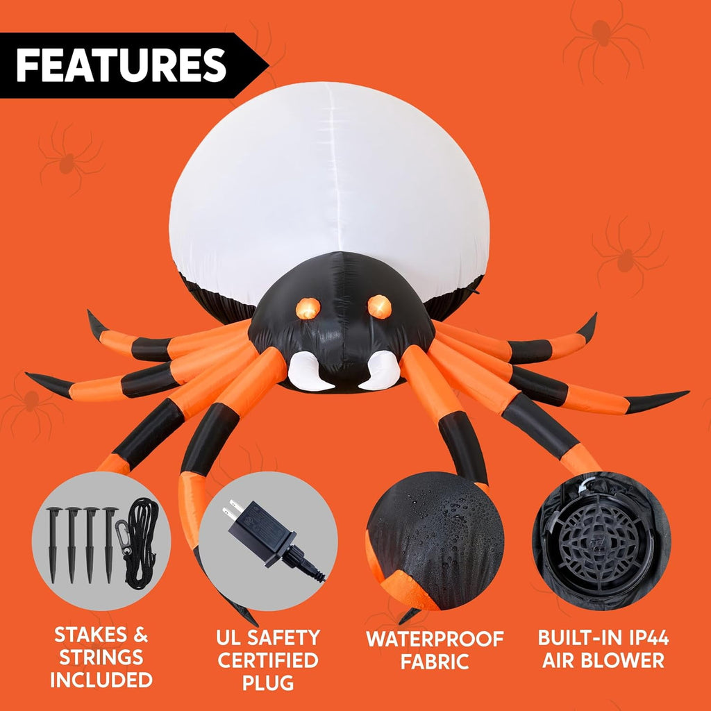 Joyfy 8 FT Halloween Inflatables Spider with Rotating Colorful Light,Light Up Spider with Orange Eyes Halloween Blow up Yard Decorations,Outdoor Halloween Decor