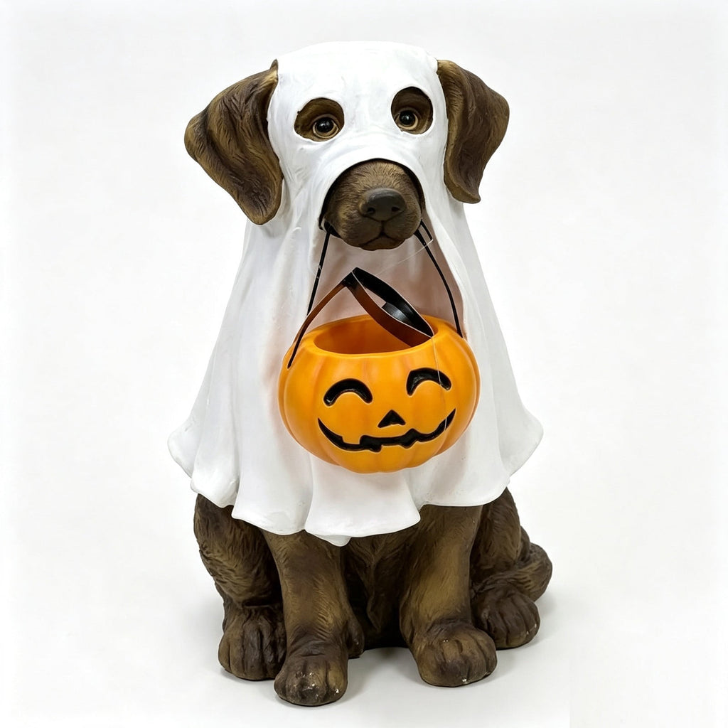 Halloween Dog Greeter - Frenchie 7.9in Resin Witch Dog with Light-Up Pumpkin, Spooky Fall Decor, Indoor Outdoor Tabletop Decoration