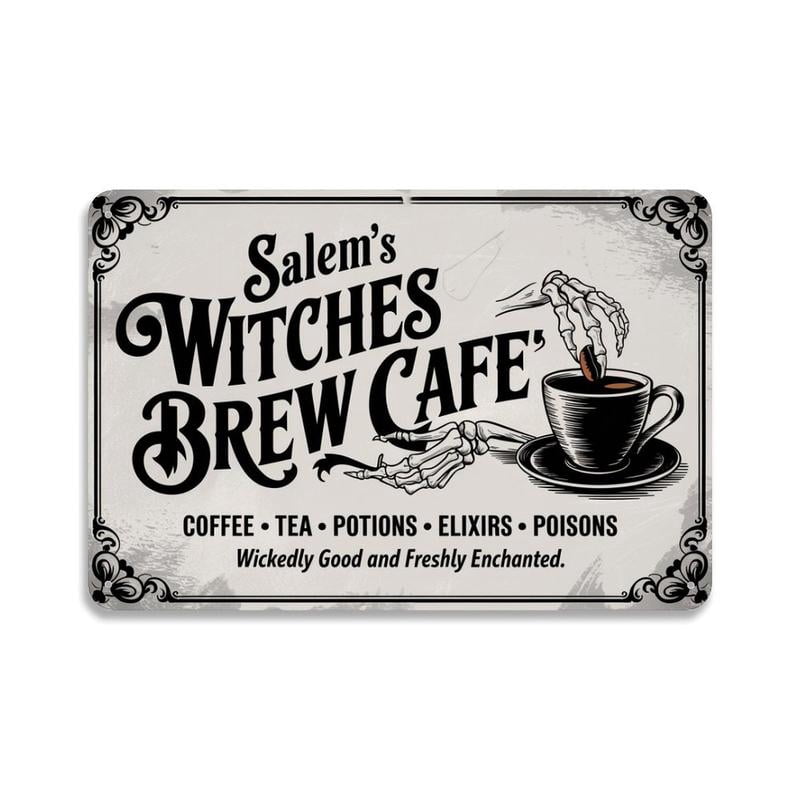 Salem's Witches Brew Cafe Skeleton Hands Coffee Tea Tin Sign， Vintage Halloween Metal Sign Print Aesthetic Room Decoration for Home Bedroom Kitchen Dorm Bathroom Wall Decor 8 X 12， Easy to Hang
