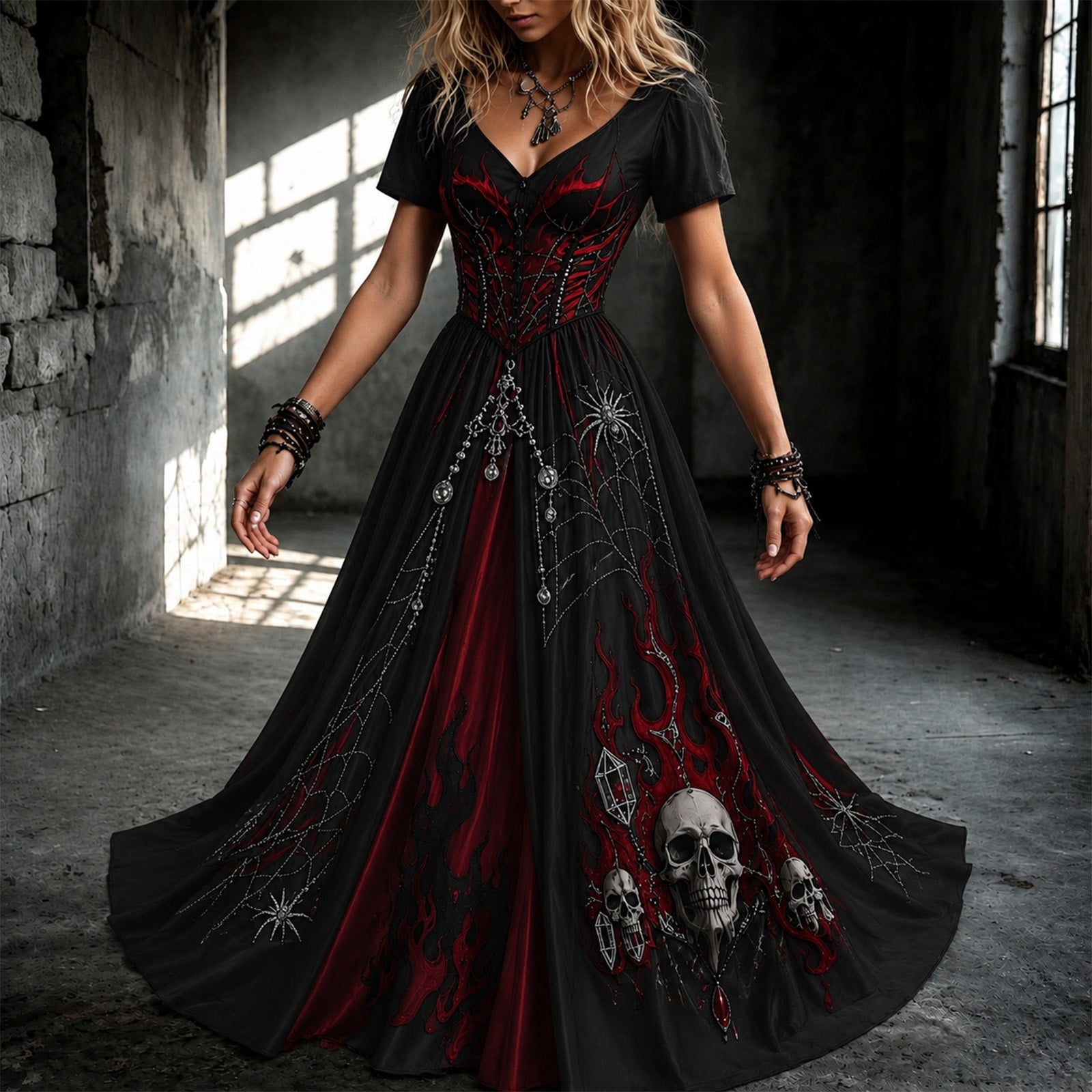 KICILVS Gothic Clothes For Women Black Spiderweb And Spider Print Flowing V Neck Long Maxi Dress Halloween Cosplay Gothic Party Dress