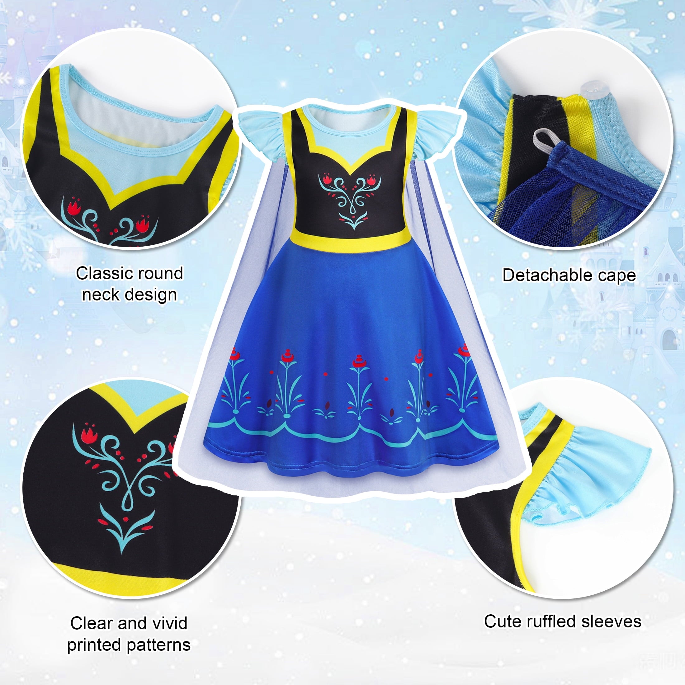 Benylion Girls Ice Princess Dress Halloween Cosplay Costumes With Tulle Cape Kids Birthday Party Dress up Outfit for 7-8 Years
