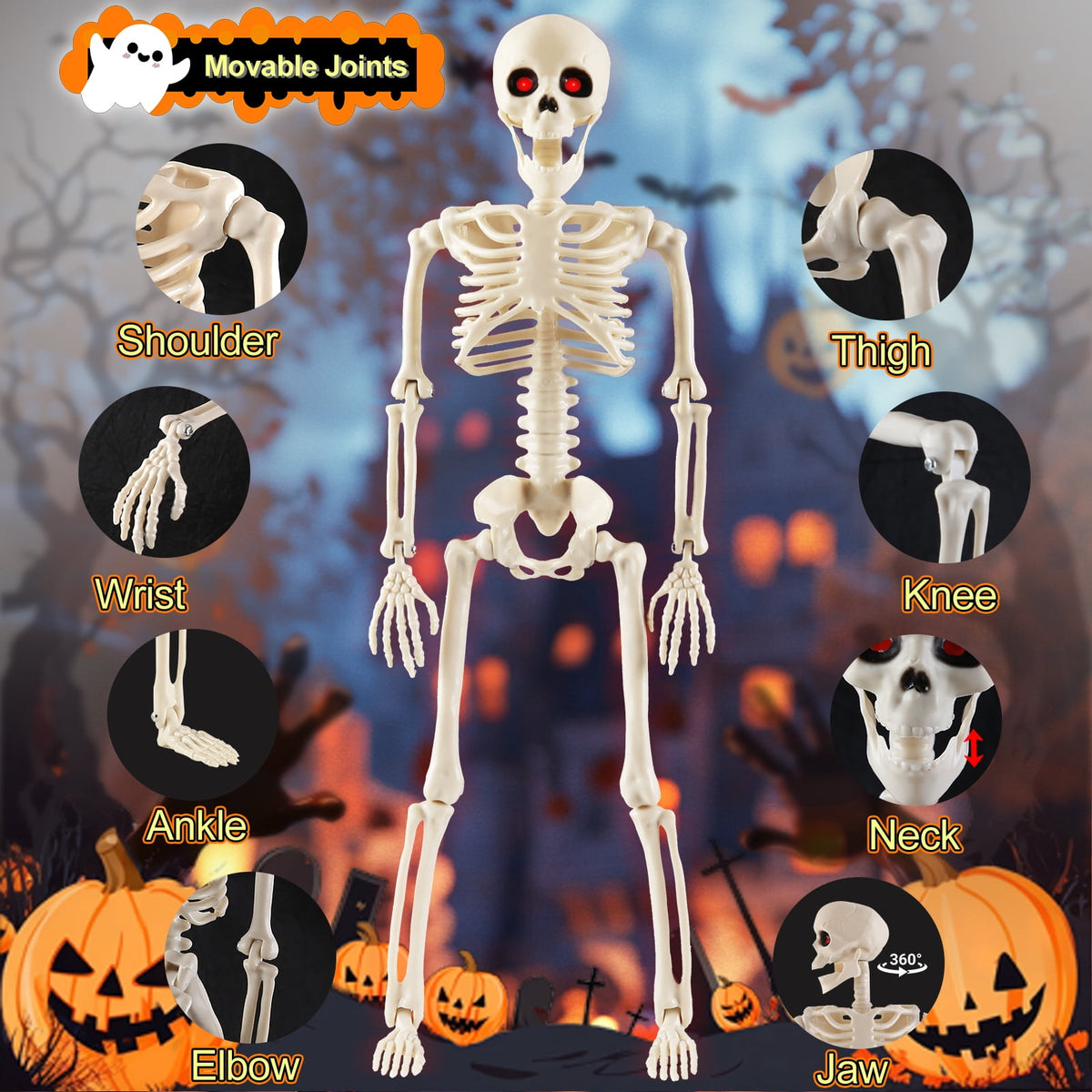Yalumo Skeleton Halloween Decorations, 4 Pack 16” Full Body Posable Skeleton with Movable Joints, Small Plastic Skeleton Props for Haunted Houses, Graveyards, Yards, Spooky Party Indoor Outdoor Decor
