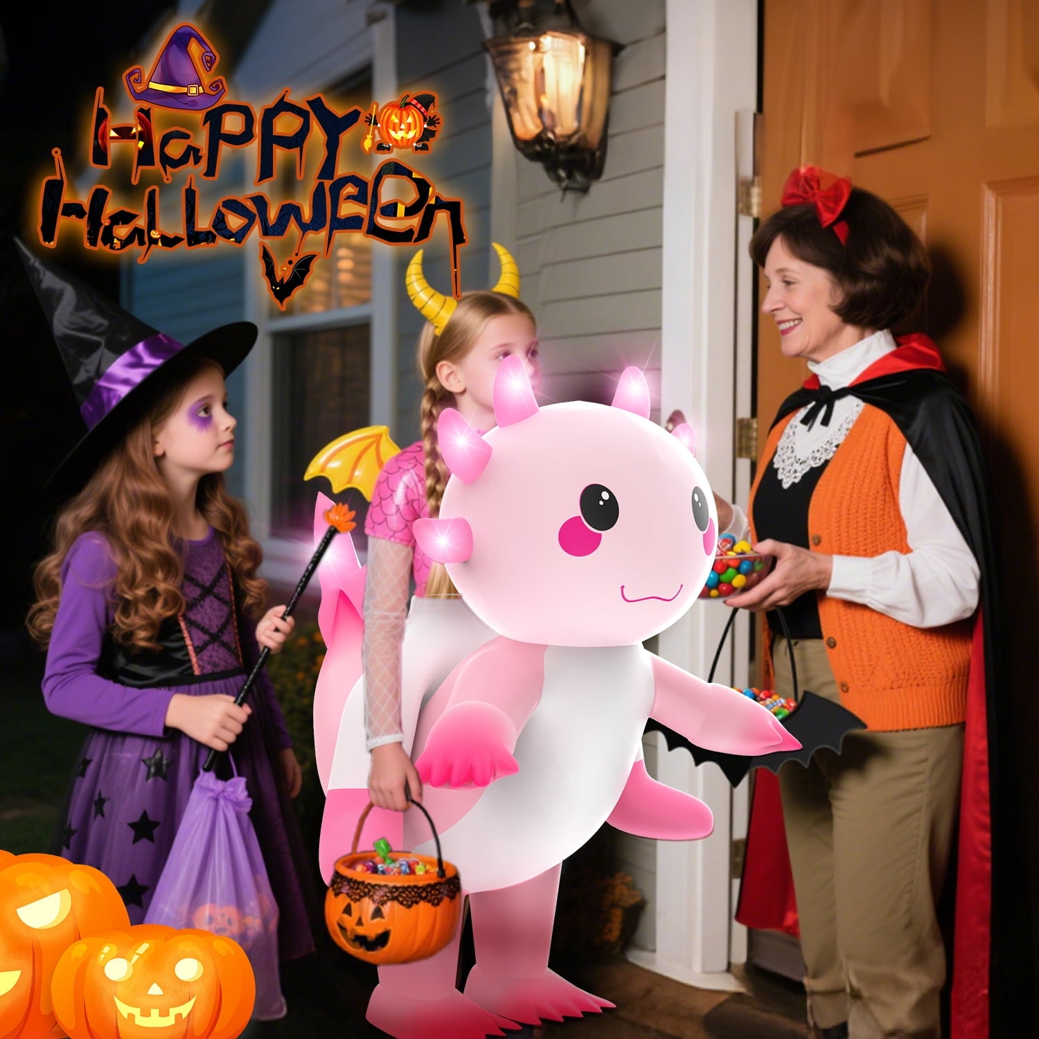 WonderStone Axolotls Inflatable Costume with LED Lights, Halloween Ride-on Costume, Blow-Up Dragon Onesie for Cosplay Party, Suitable for Kids Ages 7-12